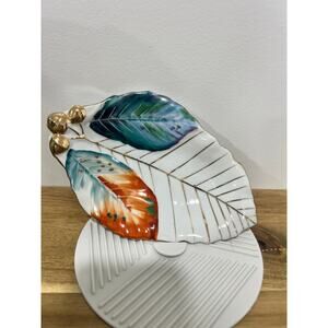 Vintage Hand Painted Leaf Style Trinket Dish Made in Japan Gold Turquoise